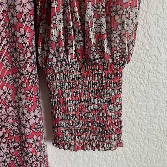 Michael Michael Kors Small Long Sleeve Pink Floral Print Smocked-Waist Dress - Picture 3 of 7